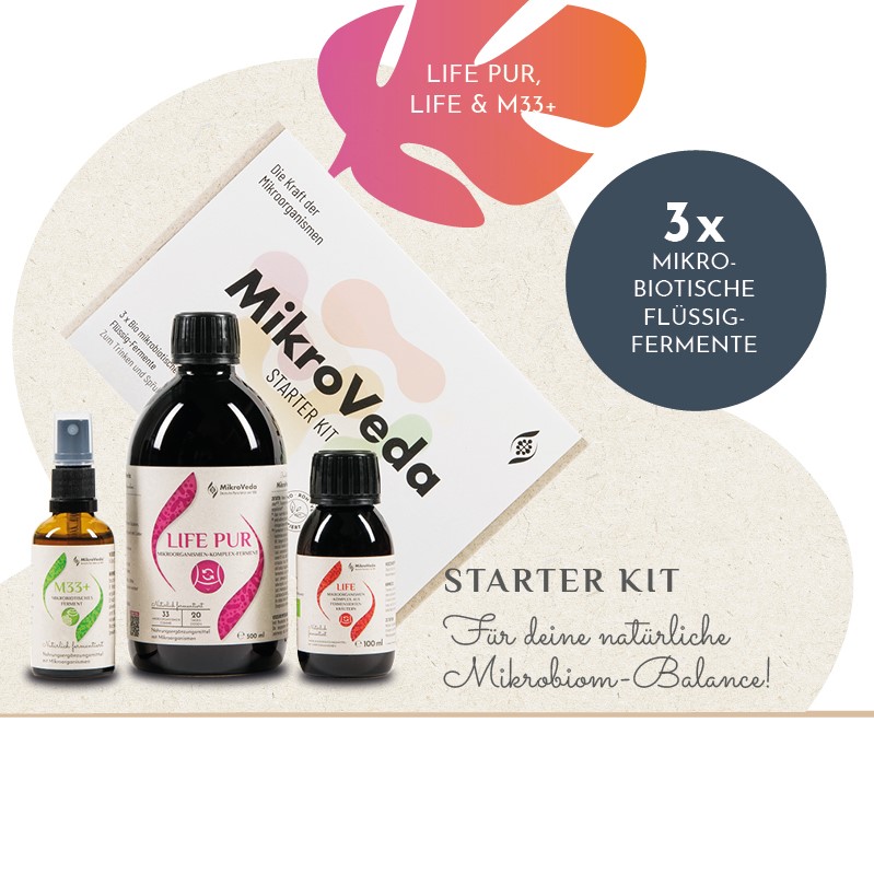 MikroVeda Starter Kit (1x Life PUR 500ml, 1x Life Reisegröße 100ml, 1x M33+, 1x Portionierbecher Glas)